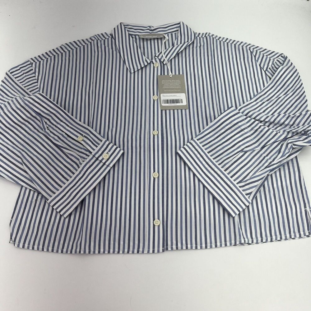 Everlane Women PJ Top Shirt M Striped Woven Cotton Soft Boxy White Blue NWT
